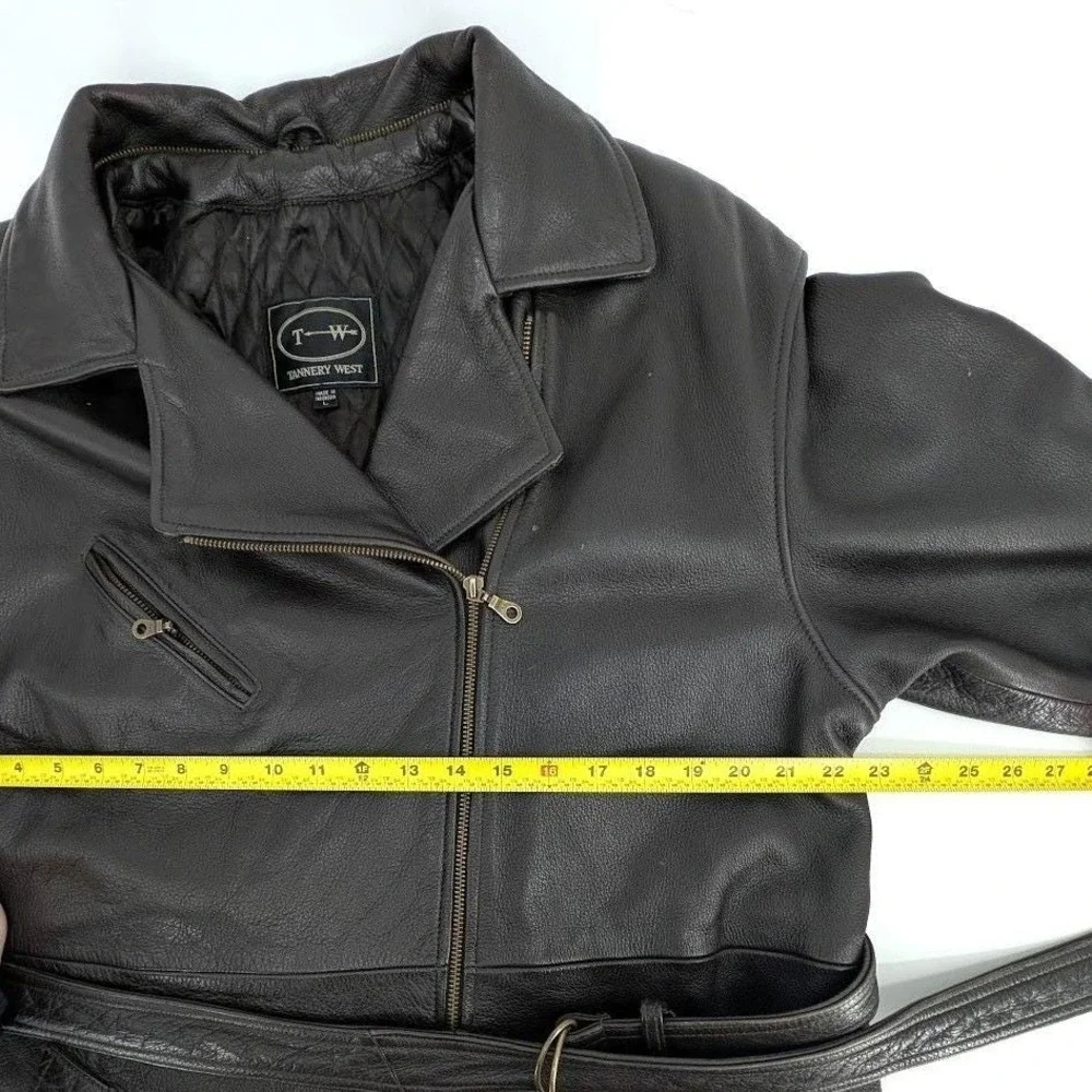 Tannery West‎ Brown Leather Belted Moto Jacket Asymmetrical Zip Quilted L